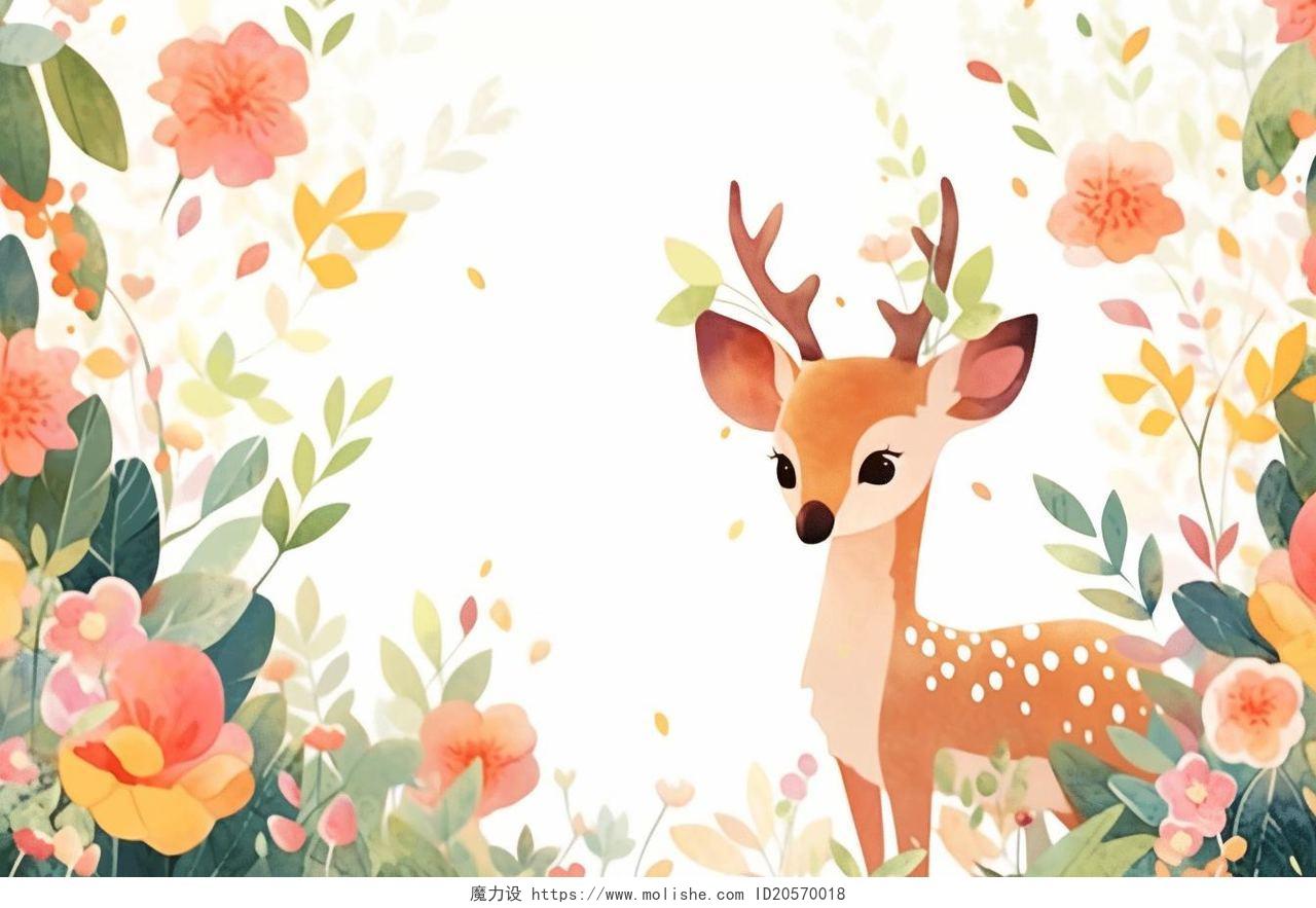 森林花丛中的鹿唯美水彩AI插画植物背景